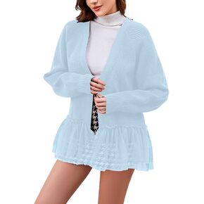 Ythomm Womens Tulle Ruffle Knit Cardigan Sweaters Oversized Long Sleeve Layering Peplum Hem Flowy Tops Fall Winter Outfits