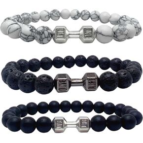 CJIAYUJEW Black Dumbbell Bracelet for Men Gym Bros Bracelet 8mm Volcanic Lava Rock Bracelet Natural Stone Bracelet Men Stretch Bracelet Bead Bracelet for Men
