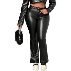 MakeMeChic Women's Faux Leather High Waist Trousers Bell Bottom Flare Pants