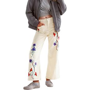 Kedera Womens Embroidered Corduroy Pants Casual Winter Straight Leg Elastic Waist Vintage Trousers with Pockets