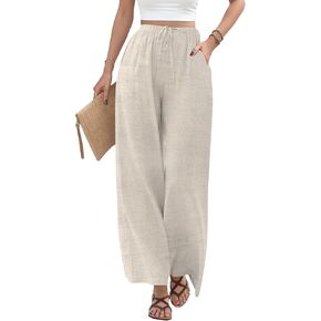 Buauty Wide Leg Linen Pants Women Plus Size Palazzo Pants High Waisted Lounge Pants Casual Comfy Flowy Beach Summer Trousers Apricot