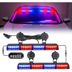 OPP ULITE Dash Strobe Lights Red Blue 2 in 1 with Panel Switch, Safety Flashing Warning Hazard Interior Front/Rear Emergency Windshield Dual Light Bar, 48W 48pcs Led, 20 Modes, w/Suction Cups