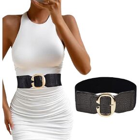 Women’s Wide Elastic Waist Belt for Dresses Gold Buckle Ladies Belt Black Leather Stretch Belt Fashion Waistband