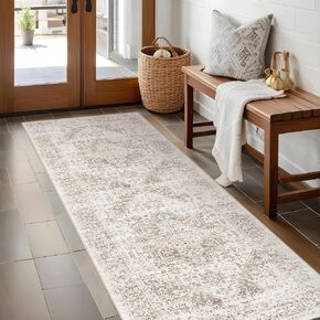 Washable 2'6''x14' Runner Rug - Non-Slip Vintage Runner Rug for Entryway Low-Pile Medallion Long Rugs for Hallway Waterproof Traditional Runner Rug Indoor Thin Rug for Kitchen (Cream/Beige)