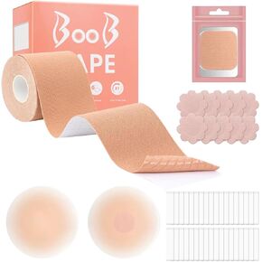 Antmoilios Boob Tape Breast-Lift Tape, Breathable Boobytape Bob Tape for Large Breasts A-G Cup, w 1 Body Tape for Breast Lift, 2 Pcs Silicone Breast Reusable Adhesive Bra, 36 Pcs Double Sided Tape
