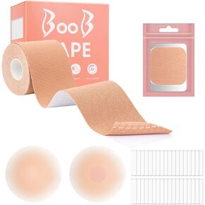 Antmoilios Boob Tape Breast-Lift Tape, Breathable Boobytape Bob Tape for Large Breasts A-G Cup, w 1 Body Tape for Breast Lift, 2 Pcs Silicone Breast Reusable Adhesive Bra, 36 Pcs Double Sided Tape