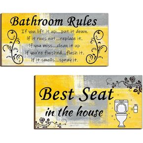 Lnond 2 Pieces Navy Blue Bathroom Wall Decor, Abstract Wooden Hanging Bathroom Rules Wall Art, Farmhouse Toilet Rustic Bathroom Signs Decor Sets (12x 6 Inch)