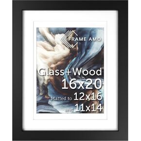 Frame Amo 27x40 Black Solid Wood Poster Frame, White Mat for 24x36 Image, Tempered Glass Front, 1.5 inch Wide, 1 inch Thick