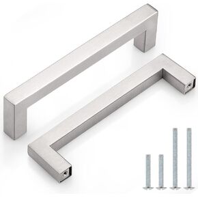 Probrico 50 Pack Stainless Steel Kitchen Modern Cabinet Square Handles Brushed Nickel 5 inch Center to Center 5.5 inch Total Length