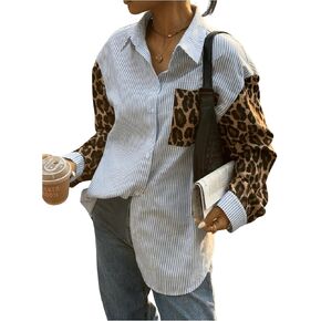 Women's Striped Long Sleeve Blouse Leopard Patchwork Button Down Collared Shirt