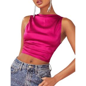 WDIRARA Women's Backless Satin Crop Top Tie Back Sleeveless Ruched Party Blouse Tops