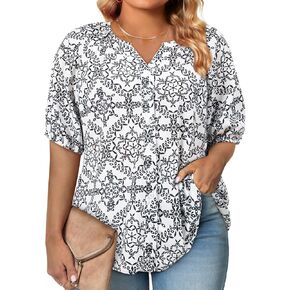 Eytino Womens Plus Size Button Down Shirts Short Sleeve Floral Printed Blouse Casual Summer V Neck Tops(1X-5X)