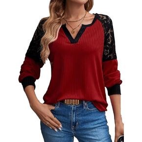 Flamingals Casual Long Sleeve Notched Neck Colorblock Rib-Knit Contrast Lace Ribbed Shirt