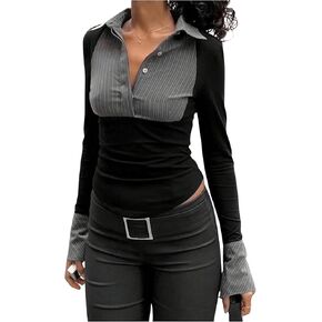 SOLY HUX Women's Striped Button Front Collar Shirt Blouse Long Sleeve Asymmetrical Hem Color Block Tops