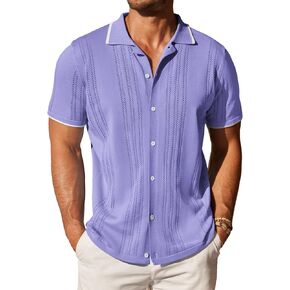 COOFANDY Men's Knit Button Down Shirt Vintage Short Sleeve Polo Shirts Casual Beach Tops
