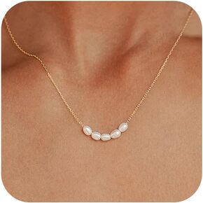 Pearl Necklaces for Women, 14K Gold Adjustable Dainty Imitation 6mm/8mm Pearl Choker Necklace, Trendy Simple Layered Chain Jewelry Gifts(5 Pearl)