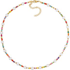 Sacina Trendy Hippie Colorful Beaded Choker Necklace, Imitation-Pearl Necklace, Rainbow Necklace, Summer Necklace, Beach Necklace, Y2k Necklace, Christmas Jewelry Gift for Women