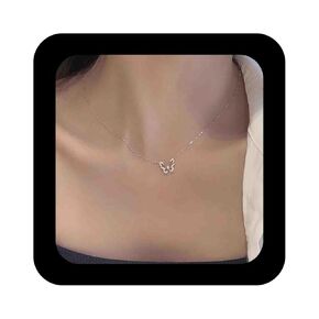 Boho Crystal Butterfly Choker Necklace Outline Butterfly Pendant Necklace Hollow Butterfly Clavicle Necklace Silver Cz Butterfly Necklace Jewelry for Women(Silver)