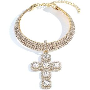 Women's Sparkly Cross Pendant Choker Tennis Rhinestones Bling Collar Necklace Vintage Party Chic Dainty Statement Necklace Fashion Costume Jewelry