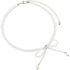 Boho Pearl Bow Choker Necklace Gold Silver Plated Vintage Round Bowknot Ribbon Bow Tie Pearl Beaded Chic Crystal Chain Necklace for Women Wedding Birthday Christmas Party Trendy Jewelry Gifts