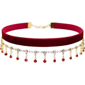 14K Gold Plated Ruby Red Layered Velvet Choker Necklace for Women Double Chain Indian Chokers Necklaces Goth 90s Chocker Chokers Statement Chockers Jewelry Vampire Accessories