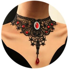Vinzar Gothic Black Lace Choke Necklace Red Crystal Pendant Necklace Women Collar Necklace for Prom Costume Party Cosplay