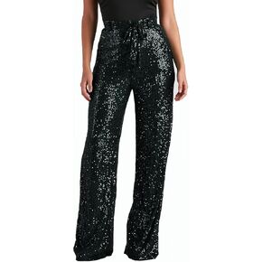 Women's Sequin Sparkle Pants High Waist Shiny Wide Leg Pants with Belt Night Out Party Club Trousers