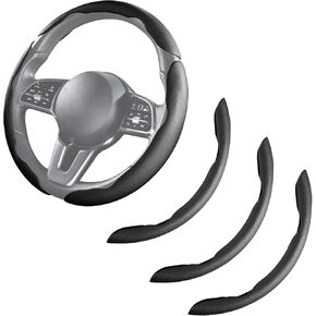 Car Steering Wheel Cover Nappa Leather Snap On 3Pcs Set Steering Wheel Wrap Non-Slip Protector Steering Wheel Accessories 14-15 inch Universal Black