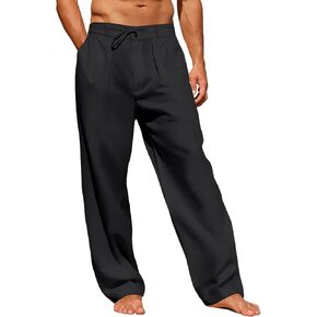 Runcati Mens Cotton Casual Pants Elastic Waist Drawstring Lightweight Pants Loose Fit Summer Beach Yoga Trousers