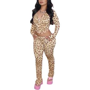 Cheetah Print Set for Women Hooded Elastic Top and Pants Animal Print Set Sexy Outfits for Women Going Out