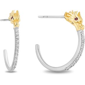 Jewelili Enchanted Disney Fine Jewelry Sterling Silver and 14K Yellow Gold with 1/5 CTTW Diamond and Rhodolite Garnet Mulan Hoop Earrings