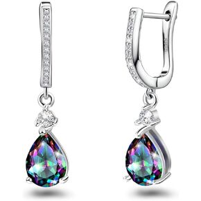 Hoop Earrings with Dangle Charm for Women Sterling Silver Small Mystic Rainbow Topaz Earrings Multicolor CZ Quartz Teardrop Pear Drop Huggie Earrings Gift for Daughter Mother Birthday