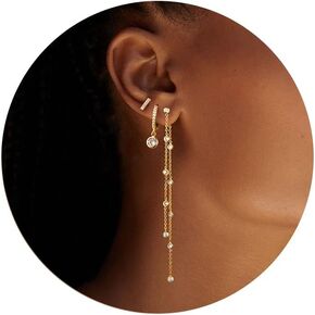 Moodear Gold Dangle Earrings 3/4 Pairs Dainty 14K Gold Plated Chain Earrings for Women Trendy Earring Stacks Set Cubic Zirconia Pearl Hoop Stud Hypoallergenic Earrings for Women Jewelry Gifts