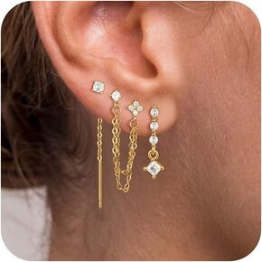 Moodear Gold Dangle Earrings 3/4 Pairs Dainty 14K Gold Plated Chain Earrings for Women Trendy Earring Stacks Set Cubic Zirconia Pearl Hoop Stud Hypoallergenic Earrings for Women Jewelry Gifts in Kuwait