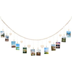 joycraft 5Ft Photo Banner with Clips, Photo Garland with Wooden Beads, Photo Clip String, Boho Photo Display for Bedroom, Office, Dorm, and Party Decor(11Pcs Clips + 6Pcs Wooden Heart Tags)