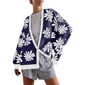 Tanou Womens Floral Cardigan Button Down Long Sleeve Open Front Knit Sweaters