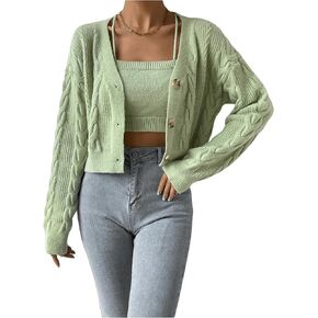 Women's 2 Piece Set Button Down Cardigan Sweater Long Sleeve Sweater V Neck Cable Knit Outerwear Crop Knit Top Set