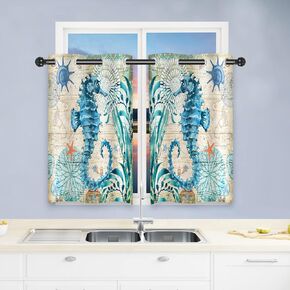 ANHOPE Seahorse Curtains, Ocean Animal Coral with Nautical Map and Starfish Sealifes Beach Theme Pattern Waterproof Grommet Window Drapes for Bedroom Kitchen Bath Small Window 2 Panels W27.5 x L39