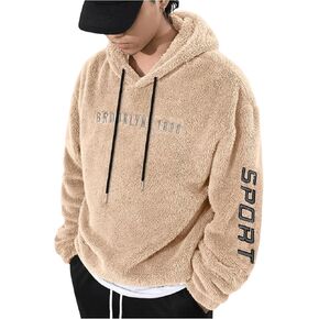 Verdusa Men's Letter Embroidery Drawstring Fuzzy Fleece Hoodie Long Sleeve Pullover Sweatshirt
