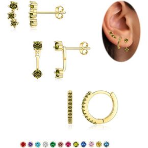 Stud Earrings Set for Women, 3 Pairs Huggie Hoop Jacket Studs Earring Sets for Multiple Piercing, Surgical Steel Cartilage Earring Stack for Sensitive Ears Dainty Birthstone Trendy Jewelry