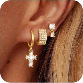 3 Pairs Gold Earrings for Women Trendy Pearl Hoop Earrings 14K Gold Huggie Earrings Set Dainty Cubic Zirconia Stud Earrings Hypoallergenic Lightweight Cartilage Earrings Jewelry for Women