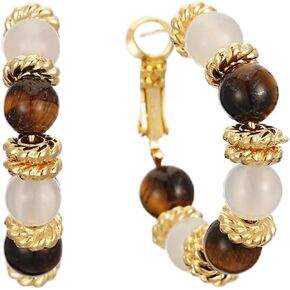 SIXFOX Tiger Eye Gemstone Earrings 14k Gold Plated Gold Hoop Earrings for Women White Agate Earring Fashion Jewelry Gift