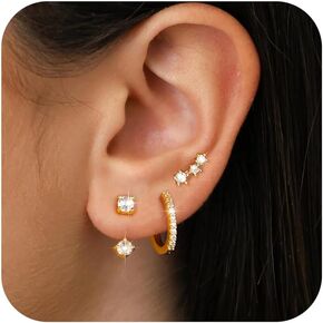 Gold Hoop Earrings Set for Women 3 Pairs Huggie Hoop Jacket Stud Earring Set for Multiple Piercing Cartilage Earring Stack for Sensitive Ears