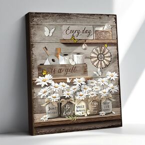 Farmhouse Bathroom Wall Art Country Bathroom Pictures Wall Decor Rustic Daisy Wall Art Vintage Flower and Butterfly Canvas Print Framed Artwork for Bathroom Decor 12x16 Inch