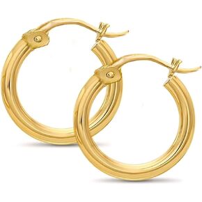 14k Solid Yellow Gold Classic Shiny Polished Round Hoop Earrings for Women, 2mm tube