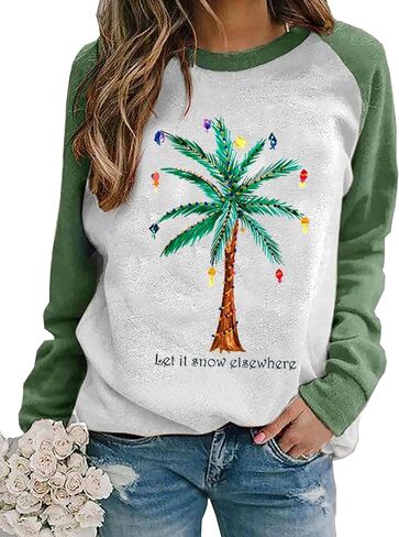 سويت شيرت نسائي من Merry Chrismas Plam Tree لقضاء عطلة الشاطئ في هاواي، قميص مضحك لعيد الميلاد بأكمام طويلة in Saudi Arabia