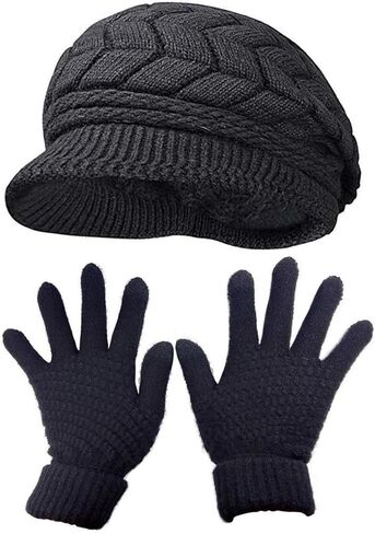 HINDAWI Womens Winter Hat and Gloves Set for Girls Wool Knit Skull Cap with Visor in Kuwait