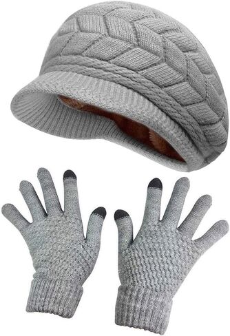 HINDAWI Womens Winter Hat and Gloves Set for Girls Wool Knit Skull Cap with Visor in Kuwait