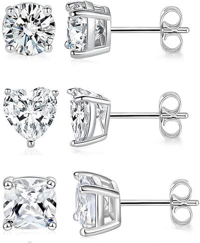 CZ Stud Earrings Set for Women and Men 18K White Gold Plated Created Diamond Earrings Pack of 3 in Saudi Arabia