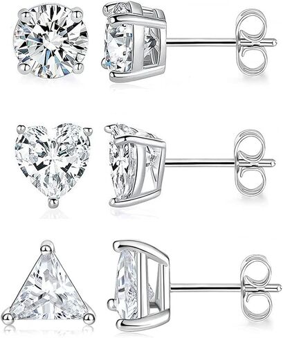 CZ Stud Earrings Set for Women and Men 18K White Gold Plated Created Diamond Earrings Pack of 3 in Kuwait